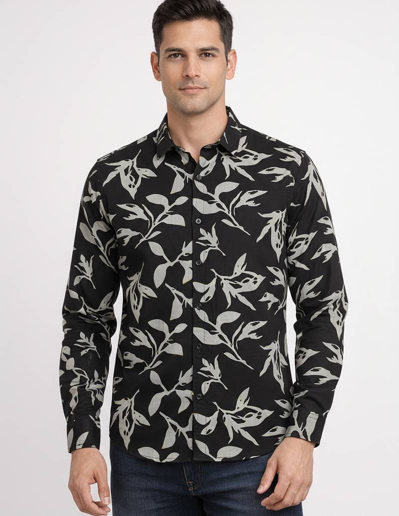 Black floral printed cotton shirt for men