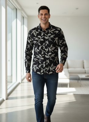 Black floral printed cotton shirt for men 5