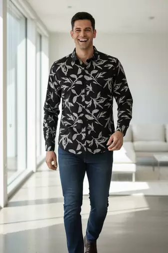 Black floral printed cotton shirt for men