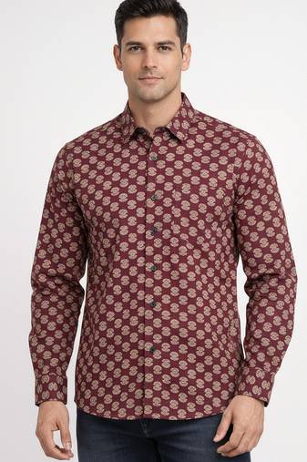 Maroon floral printed cotton shirt for men