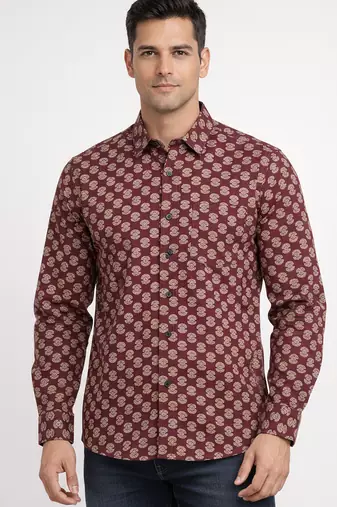 Maroon floral printed cotton shirt for men