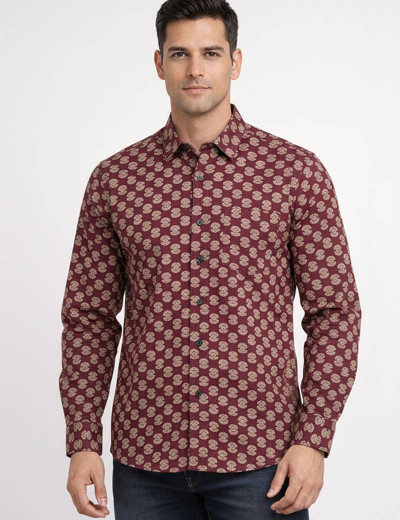Maroon floral printed cotton shirt for men