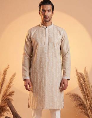 Mens beige silk blend solid embroidered kurta 1