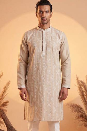 Mens beige silk blend solid embroidered kurta