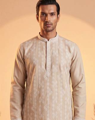 Mens beige silk blend solid embroidered kurta 2