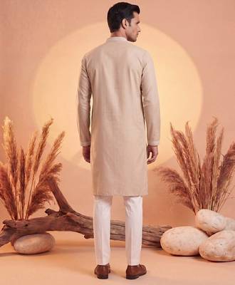 Mens beige silk blend solid embroidered kurta 4
