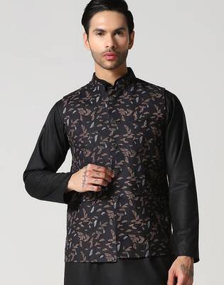 Black leaf printed mens nehru jacket 1