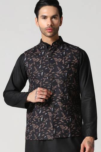 Black leaf printed mens nehru jacket