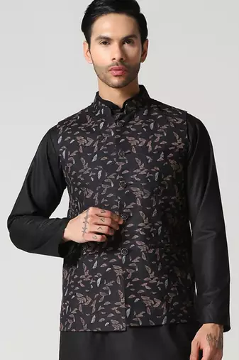 Black leaf printed mens nehru jacket