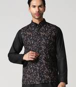 Black leaf printed mens nehru jacket