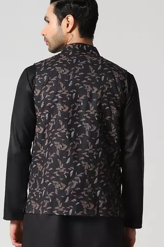 Black leaf printed mens nehru jacket