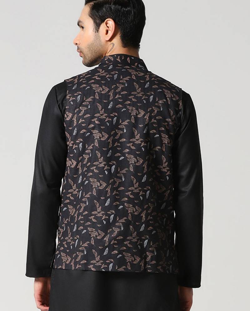 Black leaf printed mens nehru jacket