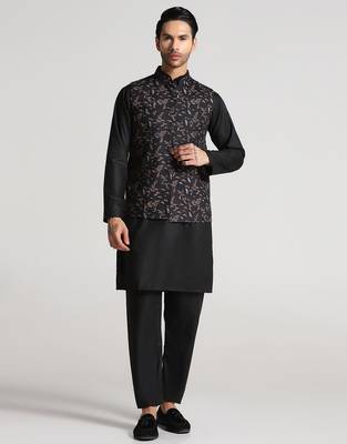 Black leaf printed mens nehru jacket 3