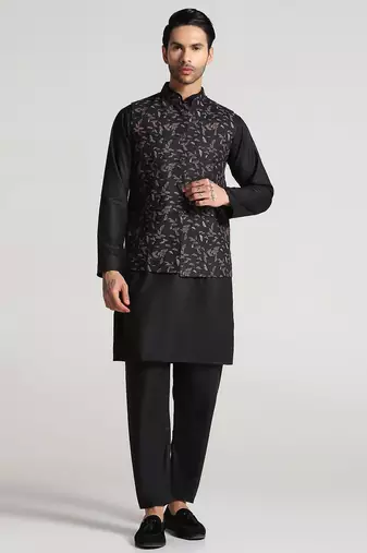 Black leaf printed mens nehru jacket