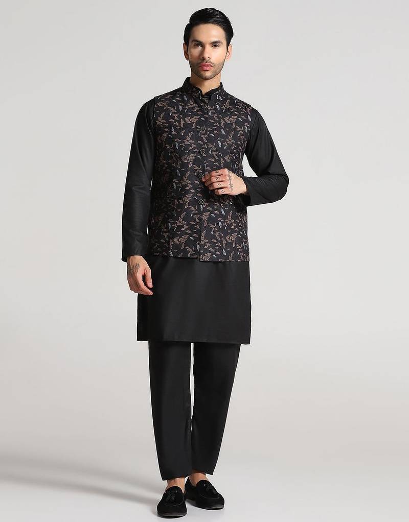 Black leaf printed mens nehru jacket