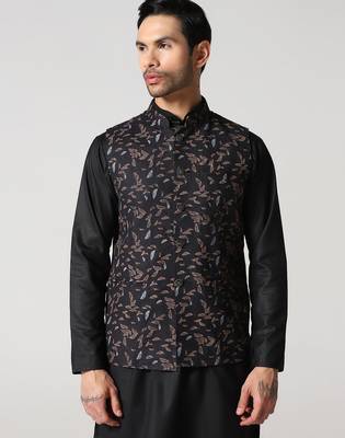 Black leaf printed mens nehru jacket 4