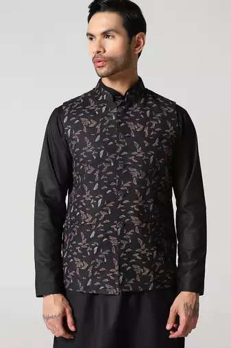 Black leaf printed mens nehru jacket