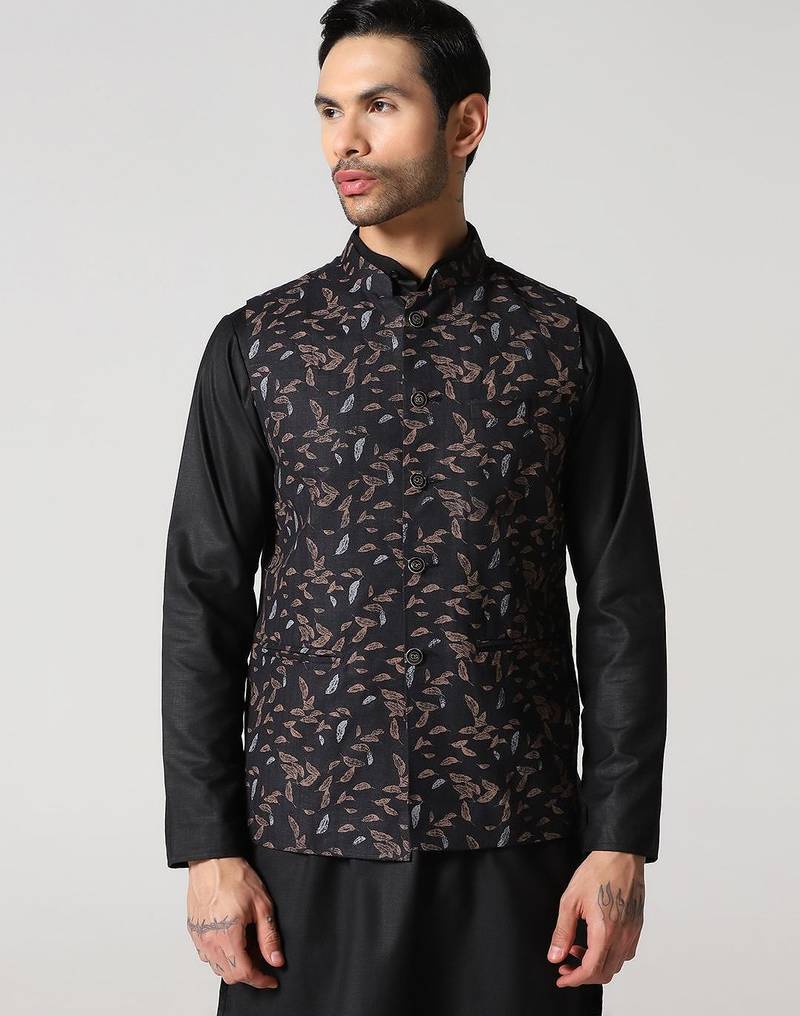 Black leaf printed mens nehru jacket