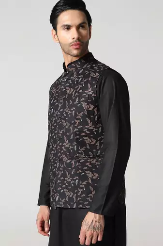 Black leaf printed mens nehru jacket