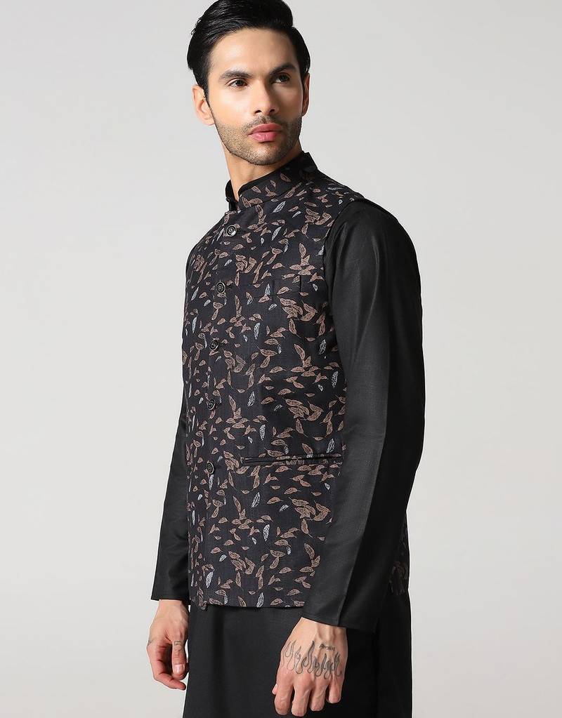 Black leaf printed mens nehru jacket