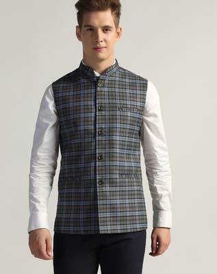 Mens grey check nehru jacket 1