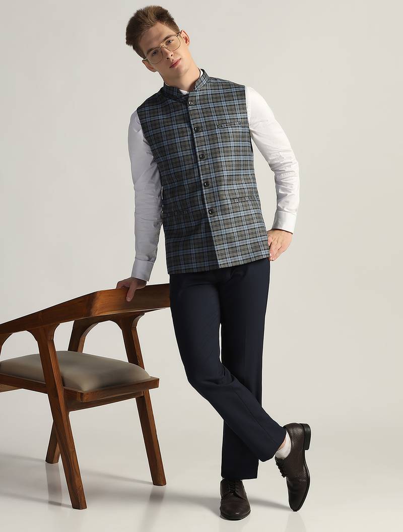 Mens grey check nehru jacket