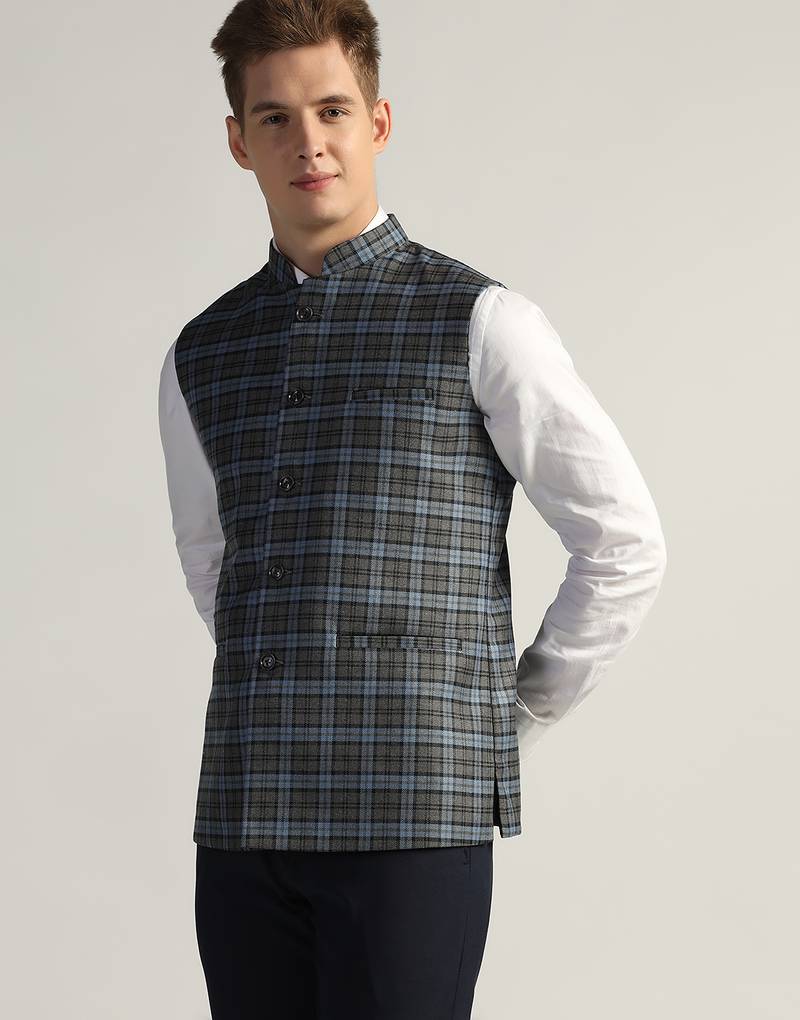 Mens grey check nehru jacket