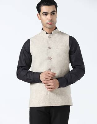 Men beige linen nehru jacket 1