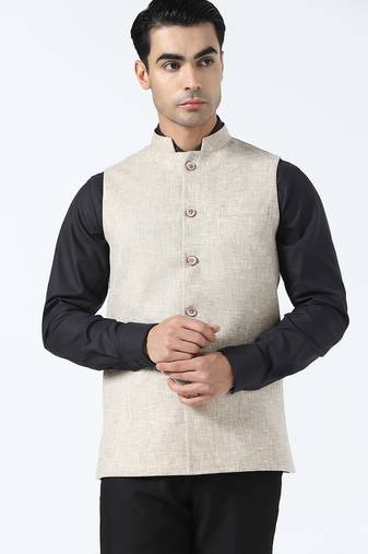 Men beige linen nehru jacket