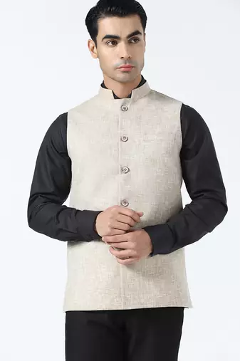 Men beige linen nehru jacket