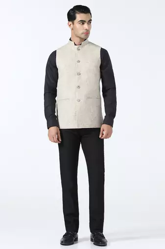 Men beige linen nehru jacket