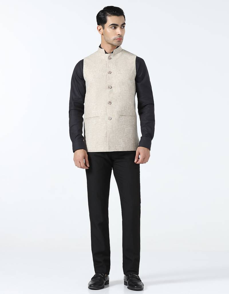 Men beige linen nehru jacket