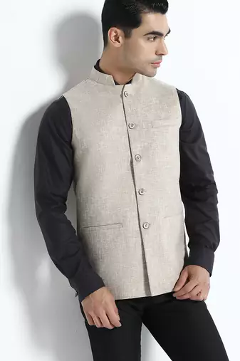 Men beige linen nehru jacket