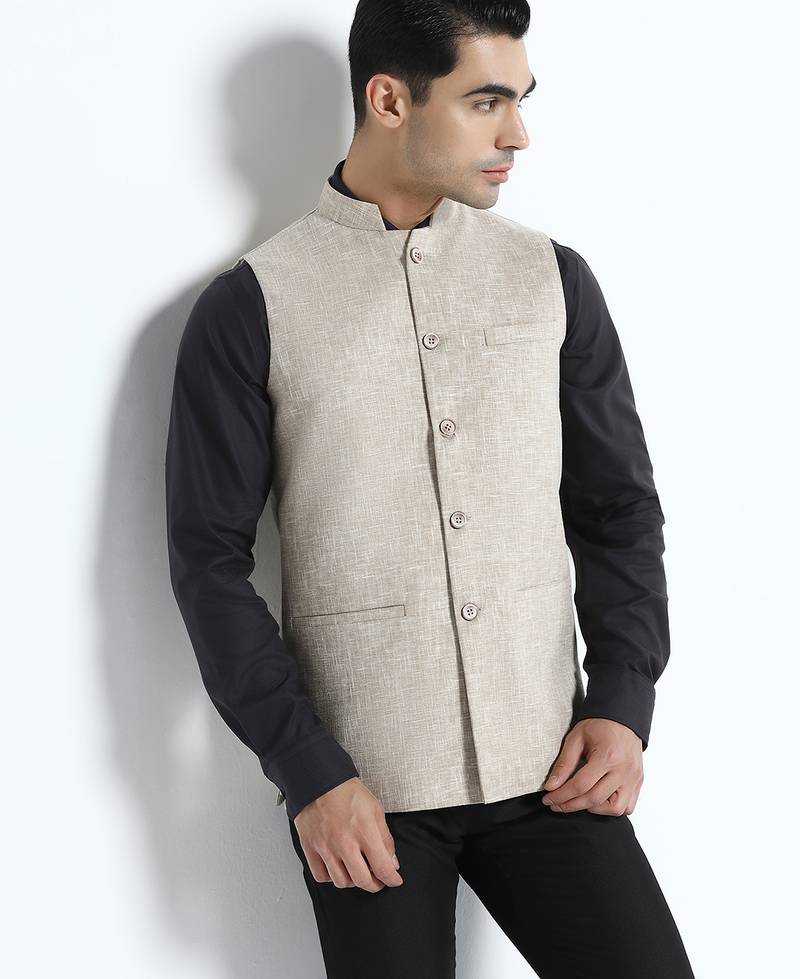 Men beige linen nehru jacket