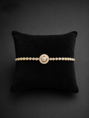 Premium gold adjustable tennis bracelet with round halo crystal centerpiece for women 1