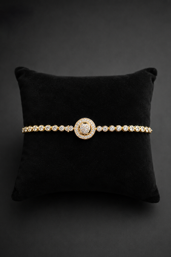 Premium gold adjustable tennis bracelet with round halo crystal centerpiece for women