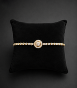 Premium gold adjustable tennis bracelet with round halo crystal centerpiece for women