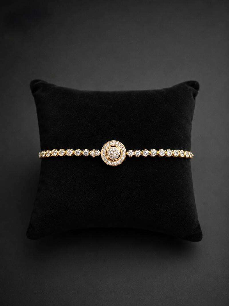 Premium gold adjustable tennis bracelet with round halo crystal centerpiece for women