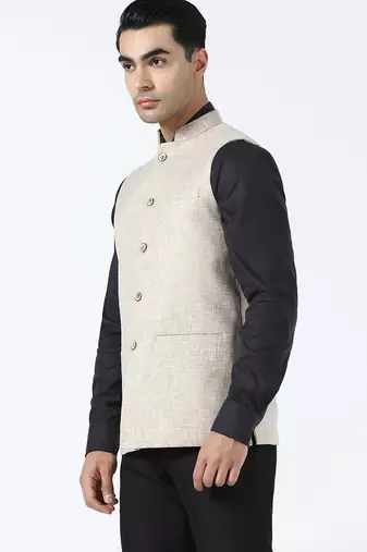 Men beige linen nehru jacket