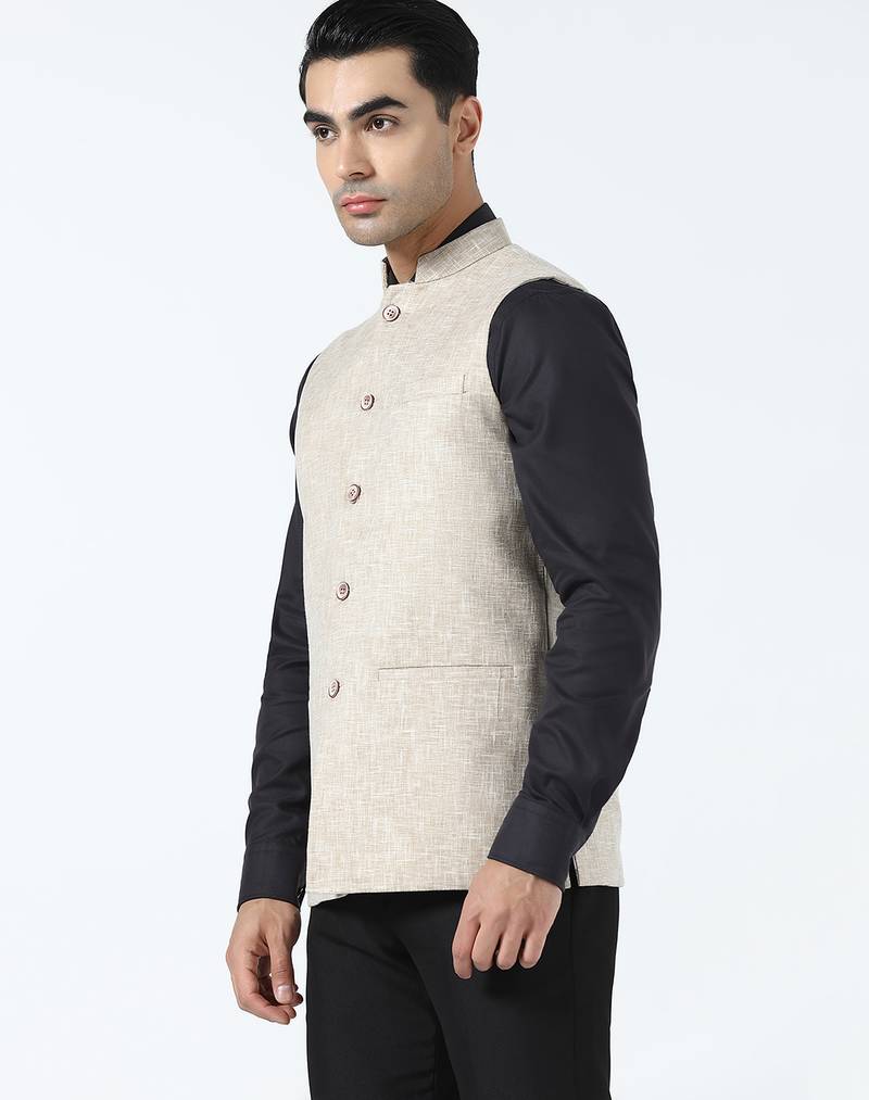 Men beige linen nehru jacket