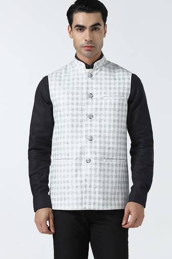 Men white checked nehru jacket