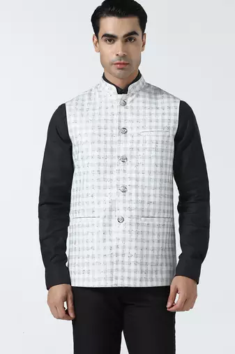 Men white checked nehru jacket