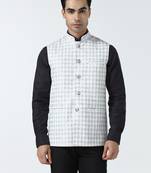Men white checked nehru jacket