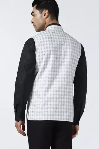 Men white checked nehru jacket