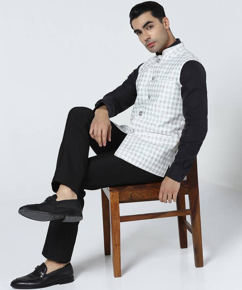 Men white checked nehru jacket