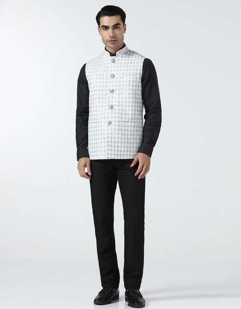 Men white checked nehru jacket