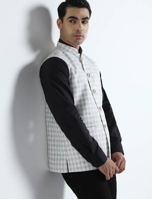 Men white checked nehru jacket 5