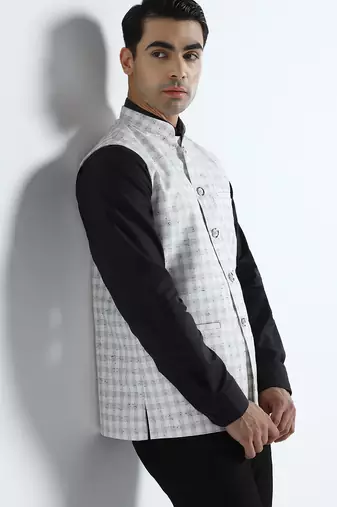 Men white checked nehru jacket