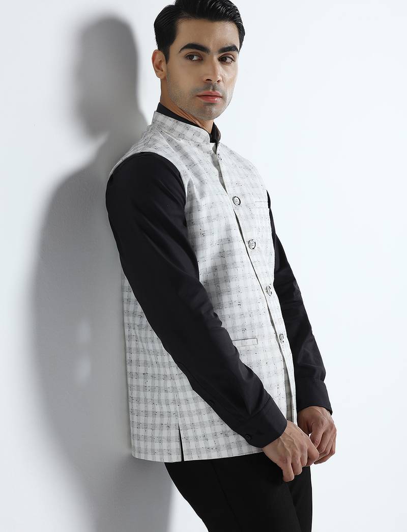 Men white checked nehru jacket