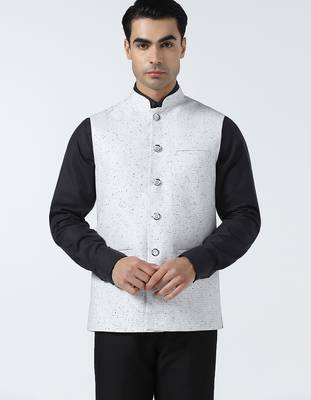 Men checked band collar nehru jacket 1
